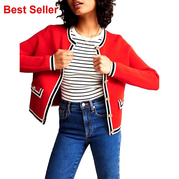 Cropped Cardigan Sweater Open Front Button Down Knit Tweed Jacket Women's